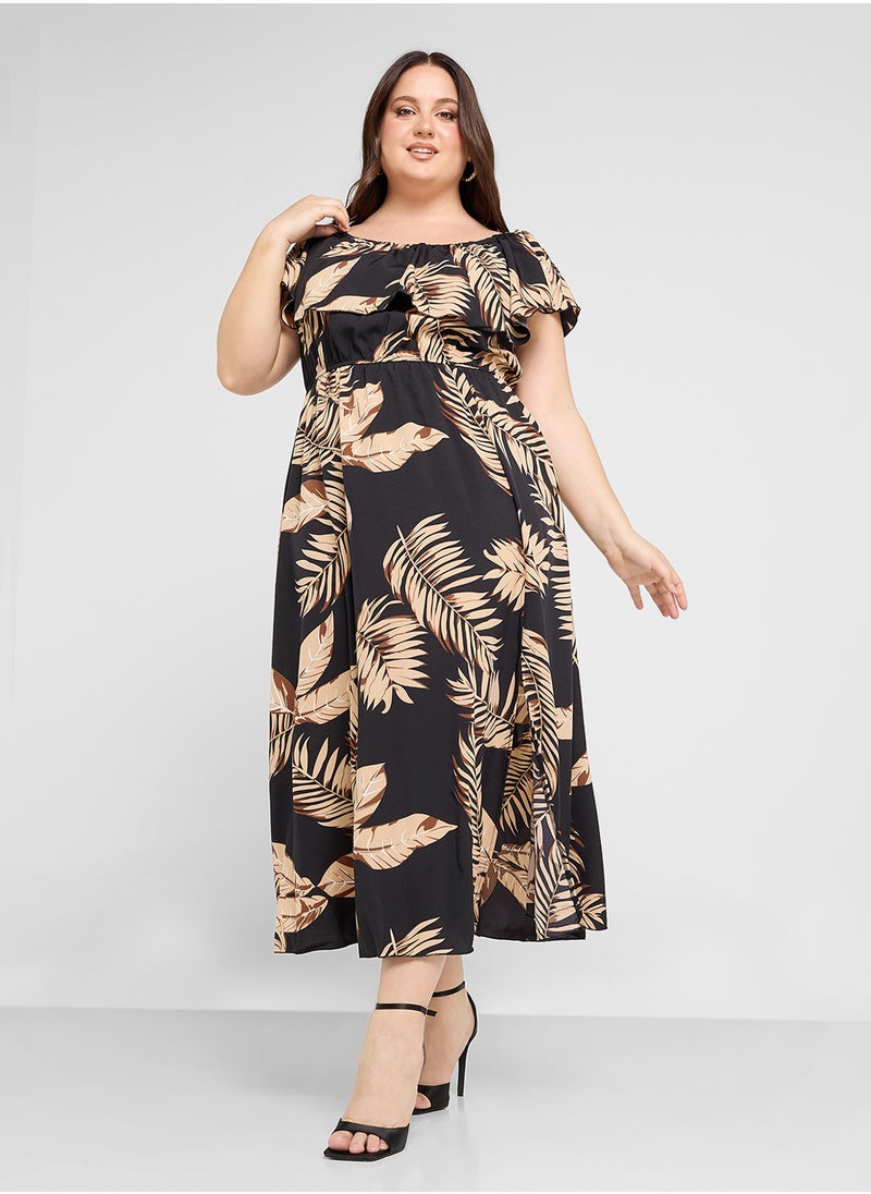 Ginger Plus - Off Shoulder Tropical Print Midi Dress With Side Slit - Image 1