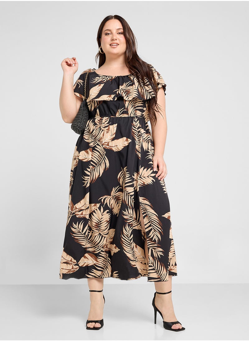 Ginger Plus - Off Shoulder Tropical Print Midi Dress With Side Slit - Image 1