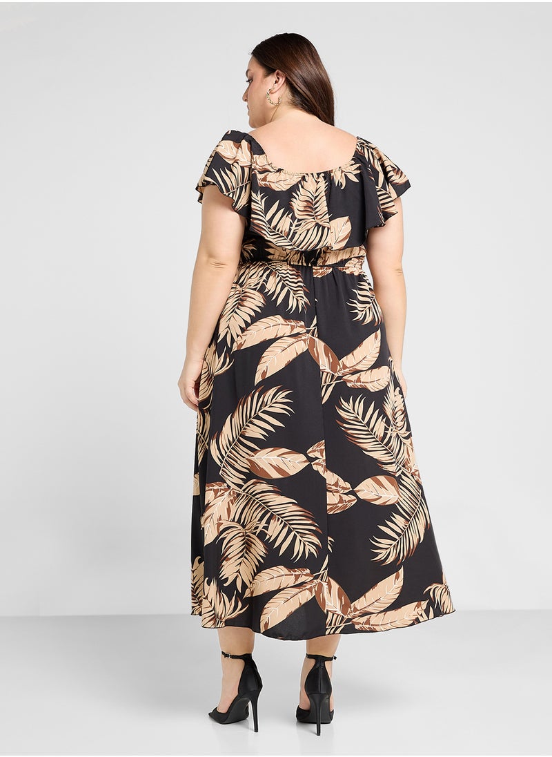 Ginger Plus - Off Shoulder Tropical Print Midi Dress With Side Slit - Image 1