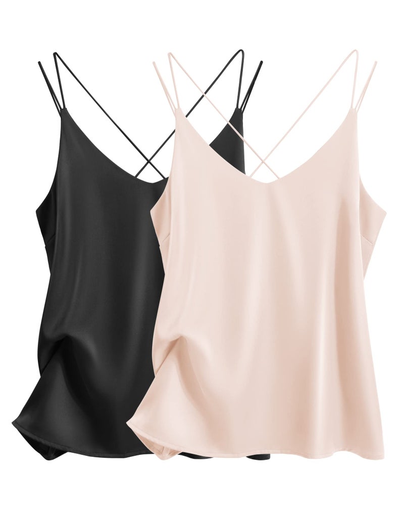 Ekouaer Womens 2 Pack Cross Back Silk Satin Camisole Tank Top V Neck Sexy Spaghetti Strap Cami Sleeveless Lounge Tops Black+Champagne - Image 1