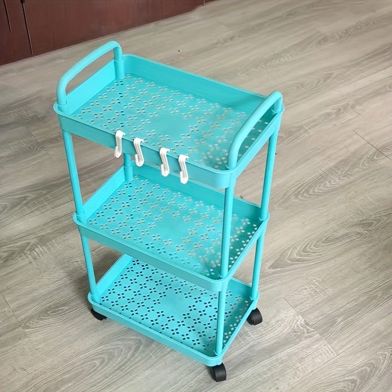 3-Tier Rolling Utility Cart with 360° Wheels & Handle - Thickened Plastic Storage Shelf for Living Room, Bedroom, Bathroom, Kitchen - Includes Hooks - Image 1
