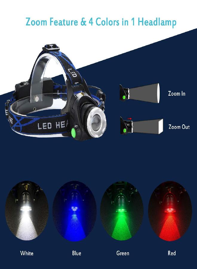 TotaLohan 4 in 1 Multicolor Headlamp 800 Lumen Zoomable One Mode White Red Green Blue Light, Hunting Headlight - Image 2