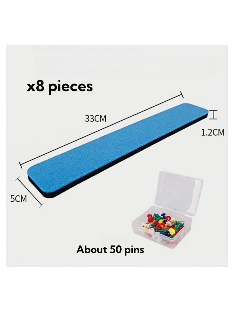كيلا لوحة إعلانات من نوفولان، شرائط بار، لوحة دبابيس من اللباد، مجموعة من 8 قطع من لوحات المذكرات ذاتية اللصق، 5 × 33 × 1.2 سم، شرائط إعلانات خفيفة الوزن مع 50 دبوسًا، تثبيت على الحائط بدون تلف للملاحظات والصور والجداول الزمنية - Image 2