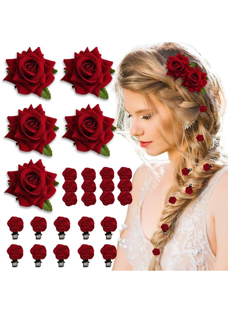 BASEMMAHER 19Pcs Red Rose Brooch Hair Clips for Women Girls Mini Floral Hair Barrettes Flower Pins Headpiece Vintage Hairpin Hair Accessories for Bridal Wedding Valentines Day Birthday Party 