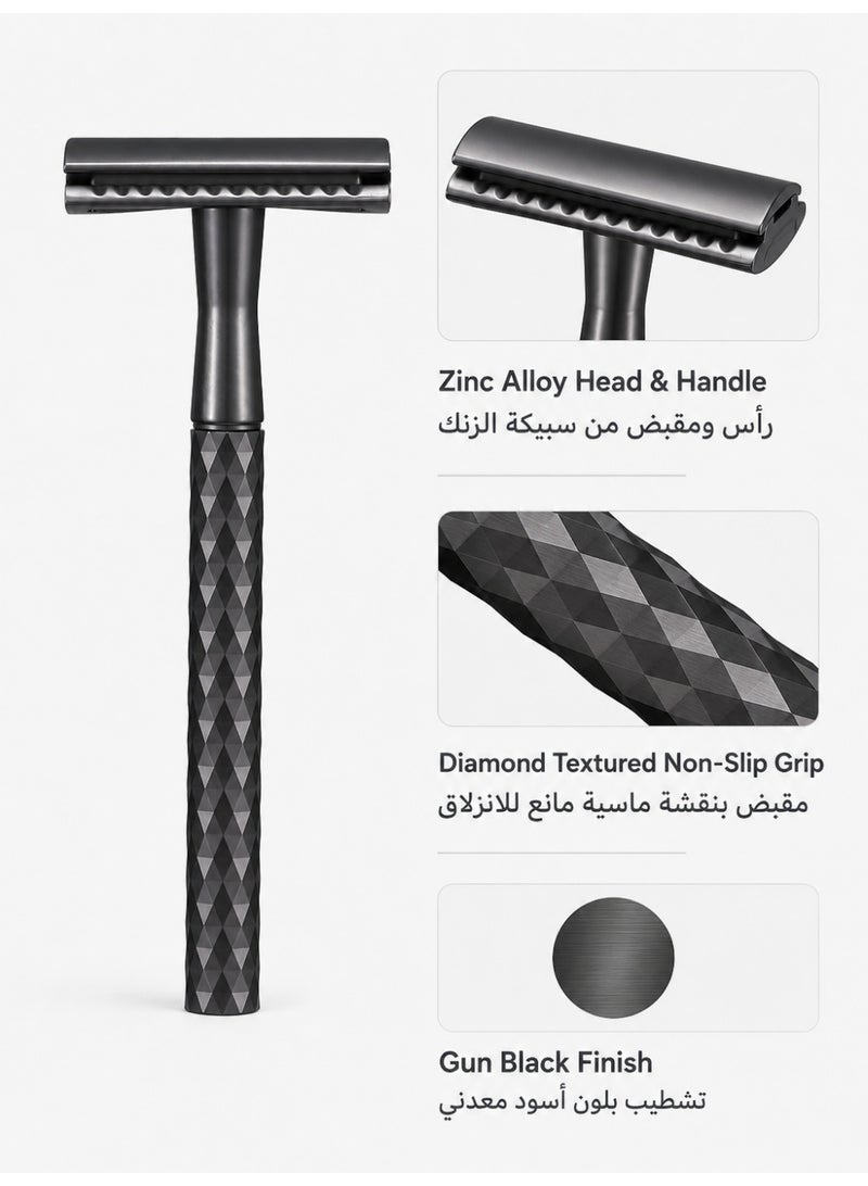 Double Blade Safety Razor with Zinc Alloy Handle, Exclusive diamond patterned handle design - 016 Black - Image 2