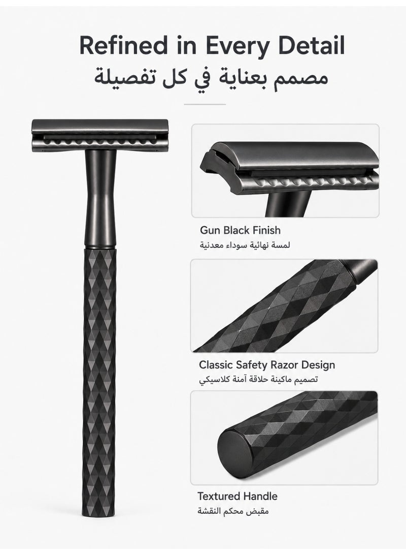 Double Blade Safety Razor with Zinc Alloy Handle, Exclusive diamond patterned handle design - 016 Black - Image 3