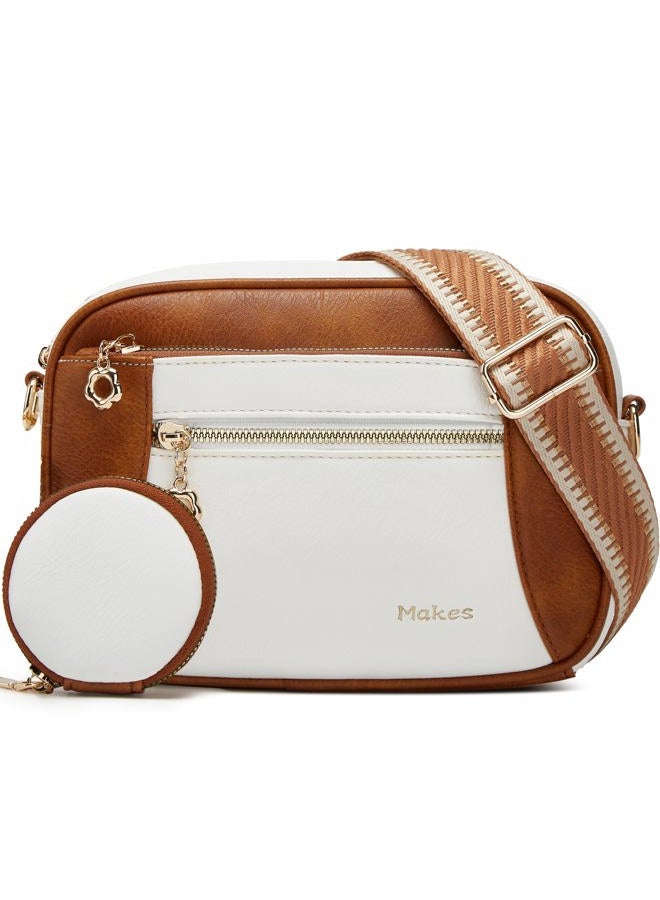 Makes Crossbody Purse for Women Small Crossbody Bags Trendy Vegan Leather with Adjustable Shoulder Straps Gift for Mother Wife Mom, Brown With Beige Minimalism Upgrade - Image 1