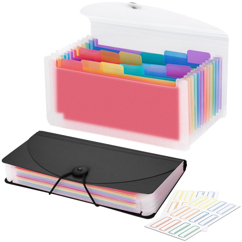 RIEJIN 13 Pocket A6 Receipt Organizer, 2 Pack Small Accordion File Organizer, Coupon Organizer with Labels - Clear and Black - Image 1