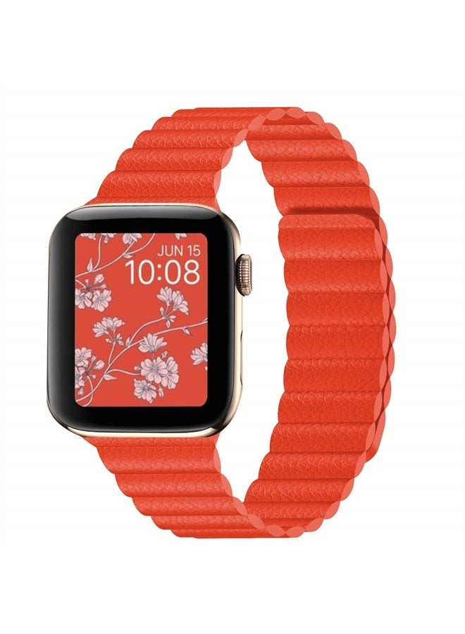 INI Compatible with Apple Watch Band 49mm 45mm 44mm 42mm 41mm 40mm 38mm - Enhanced Adjustable Leather Strap with Magnetic Closure System for iWatch Series Ultra/8/7/SE/6/5/4/3/2/1 - Tangerine - Image 1