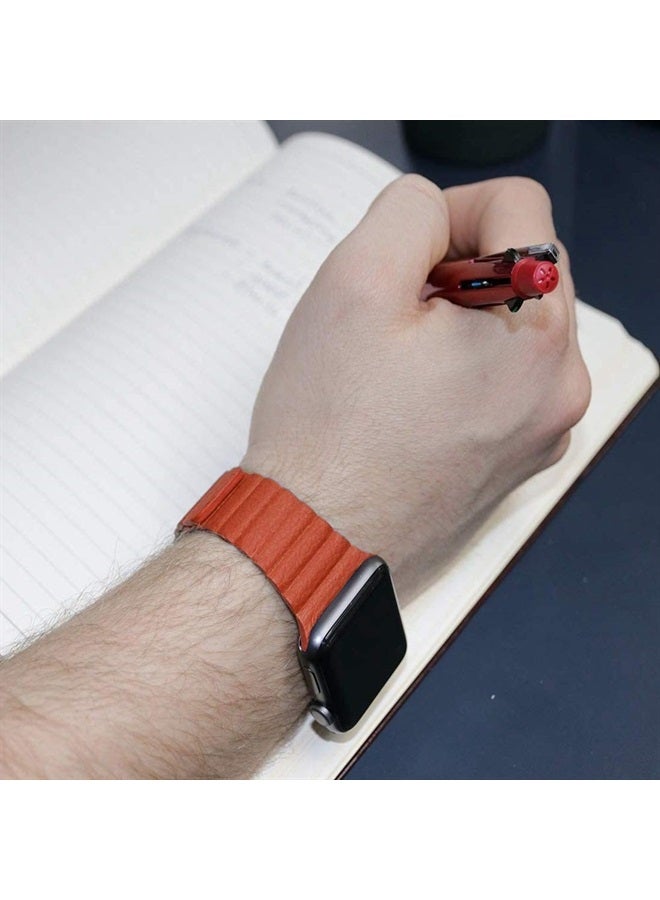 INI Compatible with Apple Watch Band 49mm 45mm 44mm 42mm 41mm 40mm 38mm - Enhanced Adjustable Leather Strap with Magnetic Closure System for iWatch Series Ultra/8/7/SE/6/5/4/3/2/1 - Tangerine - Image 5