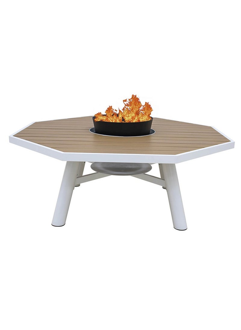 Light Octagon Wood-Burning Fire Pit Table for Patio with Aluminium frame– 135x135x52 cm, Multi-Functional Outdoor Dining Table with Fire Pit Center, Robust for Backyard, Deck, or Garden, Natural Teak/Off White