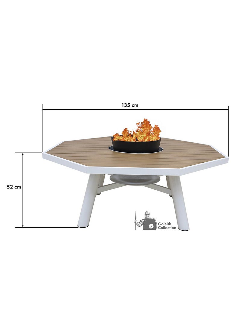 Light Octagon Wood-Burning Fire Pit Table for Patio with Aluminium frame– 135x135x52 cm, Multi-Functional Outdoor Dining Table with Fire Pit Center, Robust for Backyard, Deck, or Garden, Natural Teak/Off White