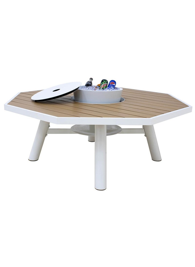 Light Octagon Wood-Burning Fire Pit Table for Patio with Aluminium frame– 135x135x52 cm, Multi-Functional Outdoor Dining Table with Fire Pit Center, Robust for Backyard, Deck, or Garden, Natural Teak/Off White