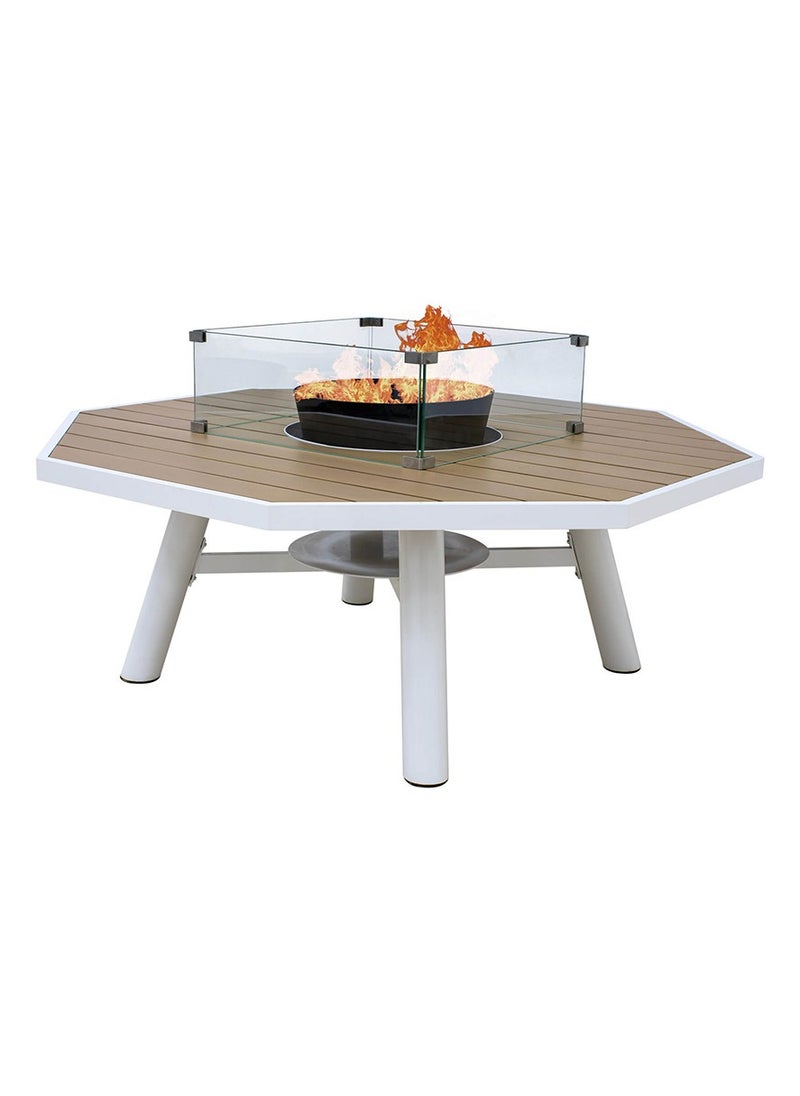 Light Octagon Wood-Burning Fire Pit Table for Patio with Aluminium frame– 135x135x52 cm, Multi-Functional Outdoor Dining Table with Fire Pit Center, Robust for Backyard, Deck, or Garden, Natural Teak/Off White