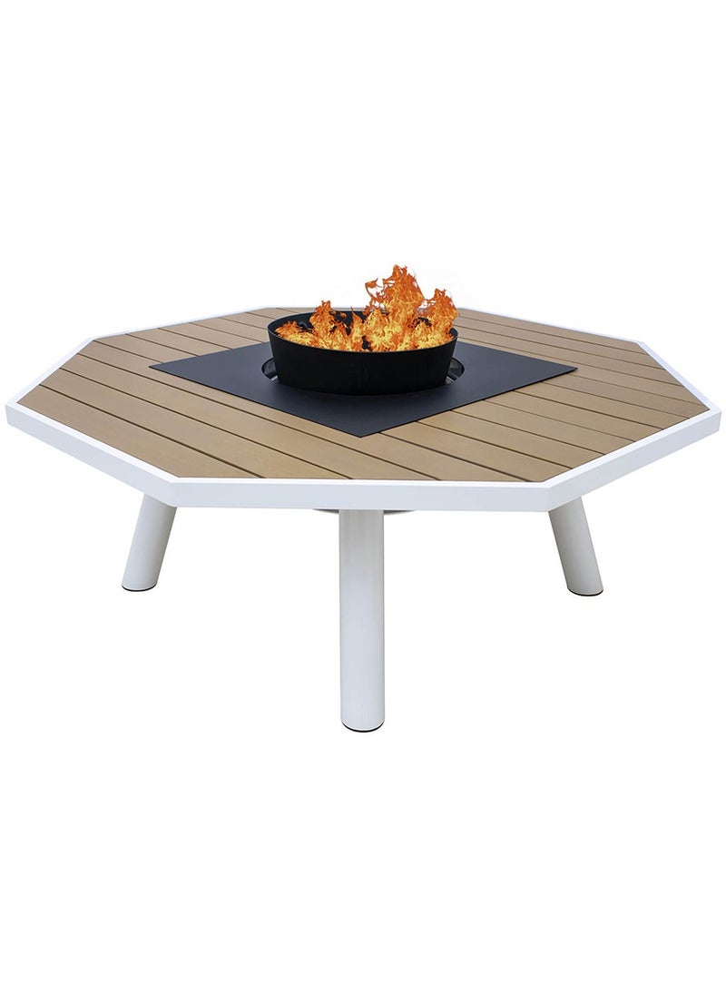 Light Octagon Wood-Burning Fire Pit Table for Patio with Aluminium frame– 135x135x52 cm, Multi-Functional Outdoor Dining Table with Fire Pit Center, Robust for Backyard, Deck, or Garden, Natural Teak/Off White