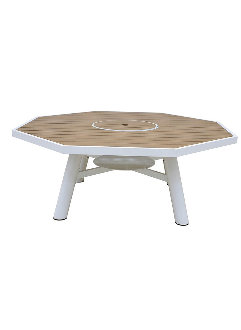 Light Octagon Wood-Burning Fire Pit Table for Patio with Aluminium frame– 135x135x52 cm, Multi-Functional Outdoor Dining Table with Fire Pit Center, Robust for Backyard, Deck, or Garden, Natural Teak/Off White