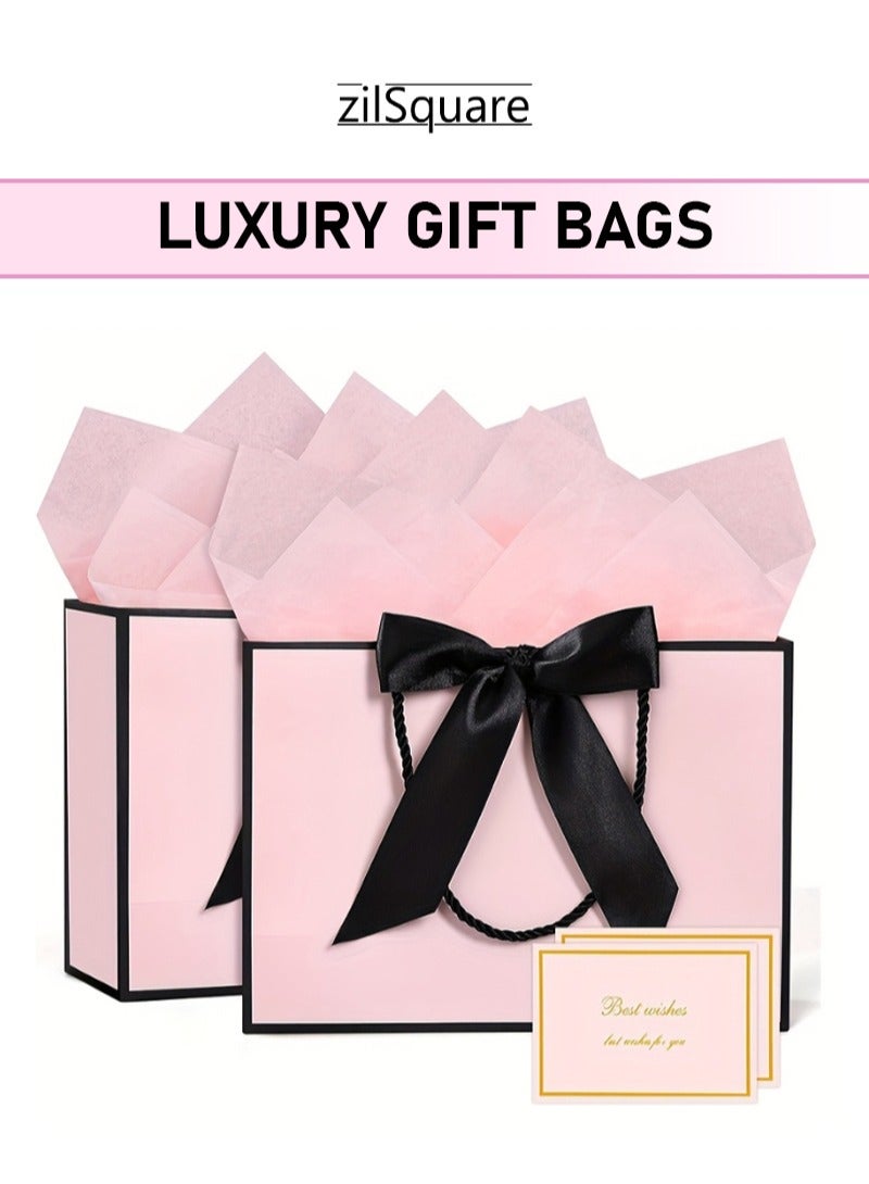 Luxury 2Pcs Large Light Pink Gift Bag with Black Satin Ribbon Bow, Rope Handles, Tissue Paper & Best Wishes Card Premium Glossy Reusable Paper Gift Bag for Birthday, Wedding, Anniversary, Baby Shower, Corporate, Holiday, Party & Eco-Friendly Empty Gift Bag