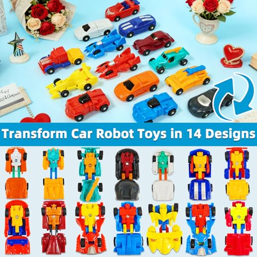 AMENON 28 Pack Easter Basket Stuffers Transforming Car Robot Toys Easter Gifts for Kids Classroom Exchange 14 Style Mini Vehicle Transform Toys Party Favor for Boys Easter Basket Fillers Ideas Gifts - Image 5