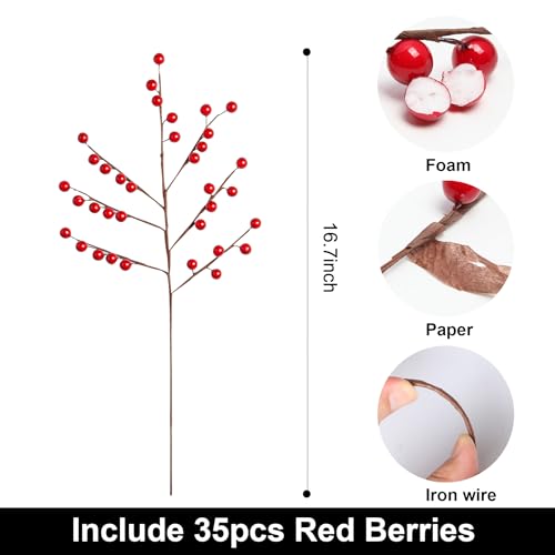 wikdey Red Holly Berry Stems for Christmas Tree,Total of 840 Red Berries,16.7in 24Pack Berry Stems,Hang Made Christmas Decor,Artificial Burgundy Berries,Fake Christmas Picks - Image 2