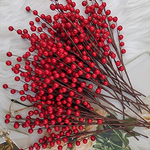 wikdey Red Holly Berry Stems for Christmas Tree,Total of 840 Red Berries,16.7in 24Pack Berry Stems,Hang Made Christmas Decor,Artificial Burgundy Berries,Fake Christmas Picks - Image 1