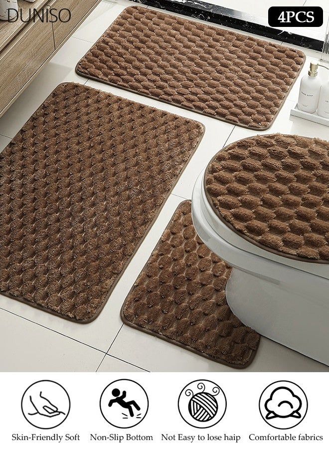 DUNISO 4 Piece Soft Bubble Textured Bathroom Rug Set, Non-Slip Absorbent Bath Mats with 50×80cm, 40×60cm, 40×50cm U-Shape Mat & 40×45cm Toilet Lid Cover,Brown Washable Plush Bathroom Accessories - Image 1