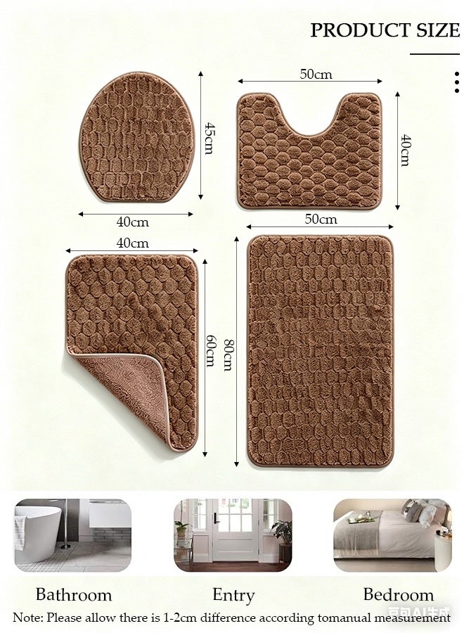 DUNISO 4 Piece Soft Bubble Textured Bathroom Rug Set, Non-Slip Absorbent Bath Mats with 50×80cm, 40×60cm, 40×50cm U-Shape Mat & 40×45cm Toilet Lid Cover,Brown Washable Plush Bathroom Accessories - Image 2