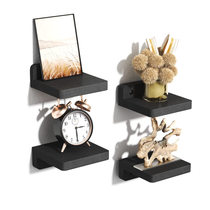 SRIWATANA Small Floating Shelves Wall Mounted, Wood Shelf for Decoration and Storage Set of 4, Mini Display Shelf for Bedroom, Bathroom, Kitchen, Office (Black, 4 inch) - Image 1