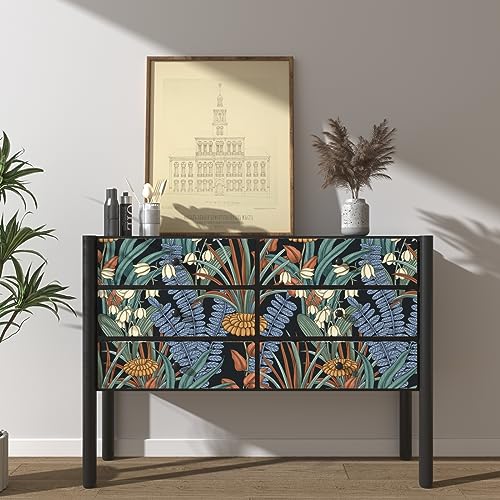 Laatse Boho Floral Peel and Stick Wallpaper Tropical Leaf Contact Paper,Vintage Botanical Flower Wall Paper, Self Adhesive Wall Mural 17.5" x 393" for Bedroom Cabinet Countertop Decor (Black, Orange, Blue) - Image 2