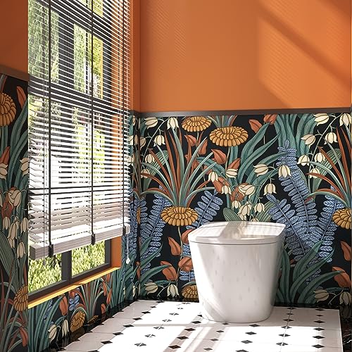Laatse Boho Floral Peel and Stick Wallpaper Tropical Leaf Contact Paper,Vintage Botanical Flower Wall Paper, Self Adhesive Wall Mural 17.5" x 393" for Bedroom Cabinet Countertop Decor (Black, Orange, Blue) - Image 4