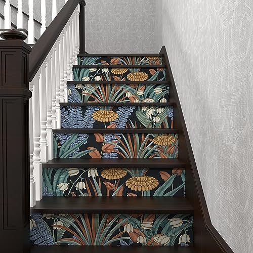 Laatse Boho Floral Peel and Stick Wallpaper Tropical Leaf Contact Paper,Vintage Botanical Flower Wall Paper, Self Adhesive Wall Mural 17.5" x 393" for Bedroom Cabinet Countertop Decor (Black, Orange, Blue) - Image 5