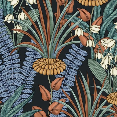 Laatse Boho Floral Peel and Stick Wallpaper Tropical Leaf Contact Paper,Vintage Botanical Flower Wall Paper, Self Adhesive Wall Mural 17.5" x 393" for Bedroom Cabinet Countertop Decor (Black, Orange, Blue) - Image 1