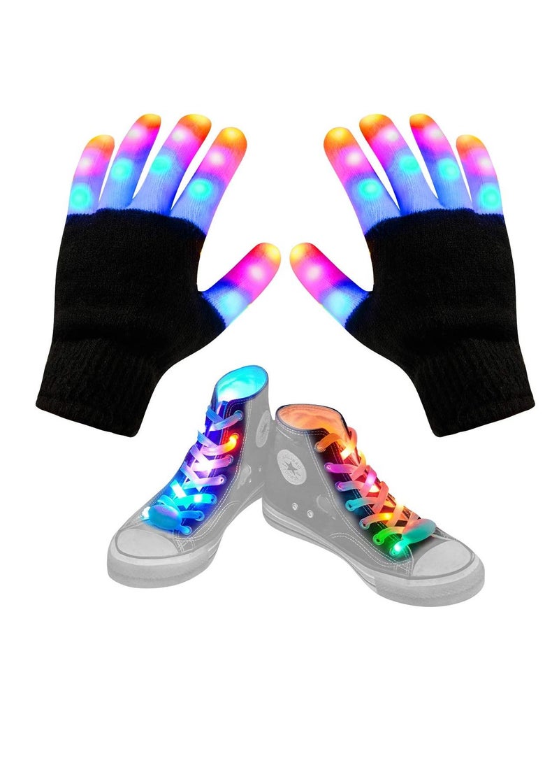 Led Gloves Led Shoelaces Set 2 in 1 Led Finger Gloves Flashing Gloves with 6 Modes Light Up Toys LED Gloves for Kids Cool Toys Indoor Play Outdoor - Image 1