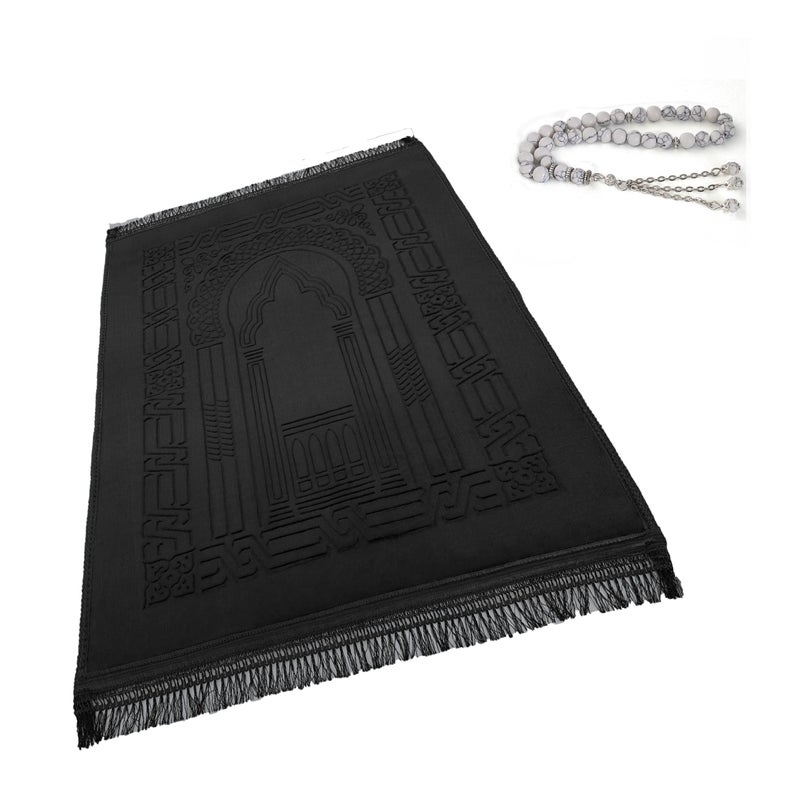 Islamika Prayer Rug Muslim Mat Islamic  Thick Large Sajadah for Kids Men Women with Islam Prayer Beads for Eid Travel Ramadan Soft Luxury and Great for Knees and Forehead Black