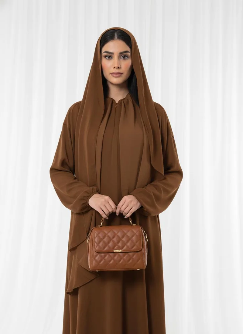 MSquare Fashion  Harir Maqsood Brown Prayer Abaya I Attached Hijab Design for Women | Best Price UAE