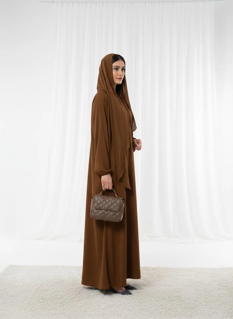 أم سكوير فاشن Harir Maqsood Brown Prayer Abaya I Attached Hijab Design