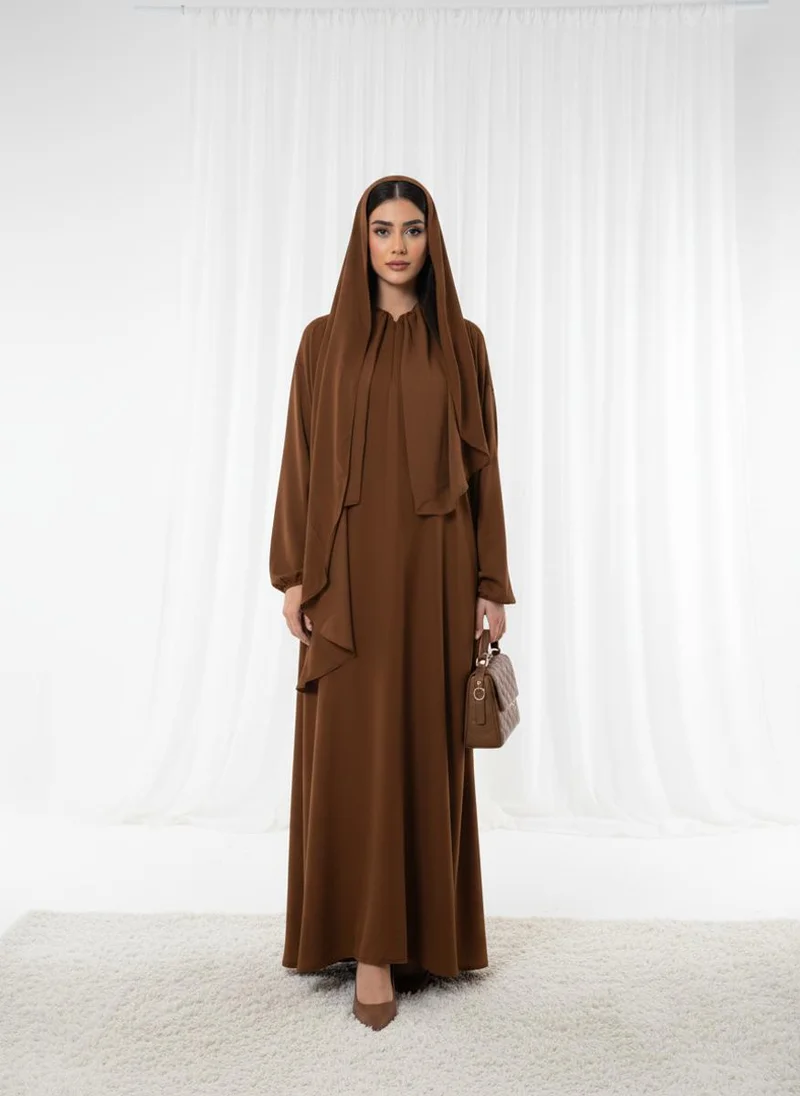 أم سكوير فاشن Harir Maqsood Brown Prayer Abaya I Attached Hijab Design