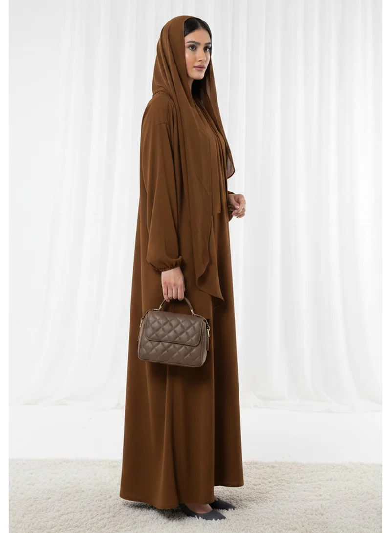 أم سكوير فاشن Harir Maqsood Brown Prayer Abaya I Attached Hijab Design