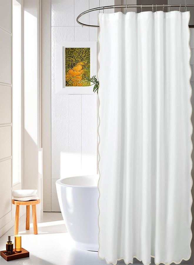 Hi -G HIG Chic Scallop Edge Shower Curtain - Modern Decorative Coastal Bathroom Curtain for Home Decor, White and Camel Elegant Minimalist Textured Cloth Bath Curtain, 72x72 Inch - Image 1