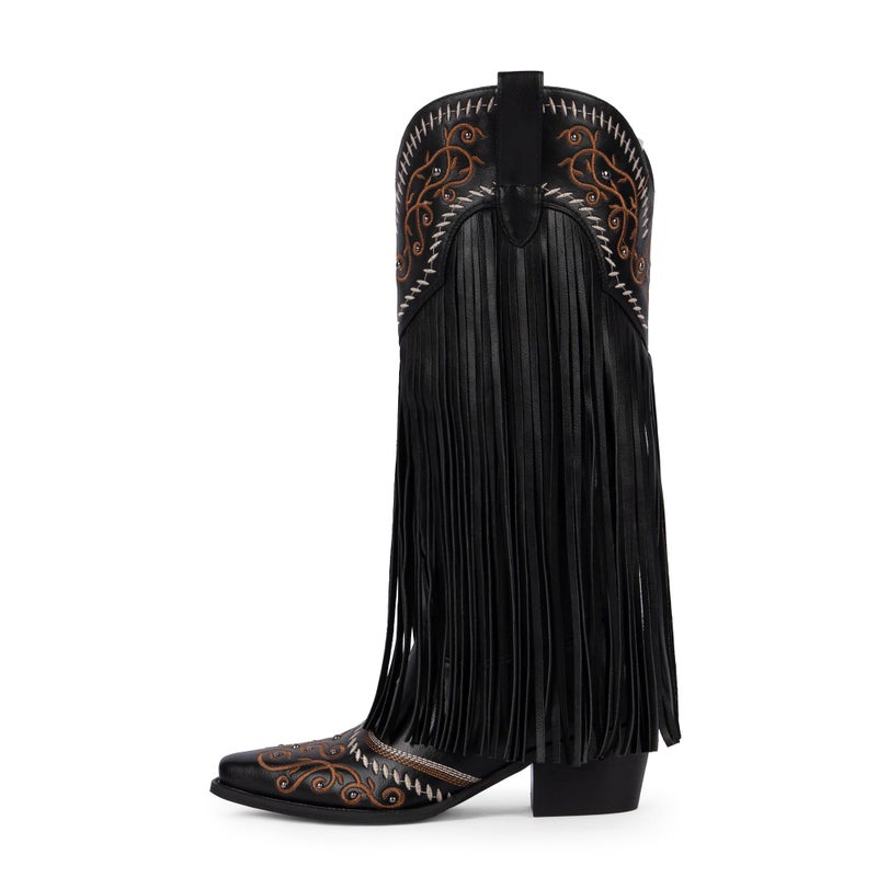 Modatope Black Cowboy Boots Women Fringe Embroidered Cowgirl Boots for Women Black Knee High Boots Size 6 - Image 4