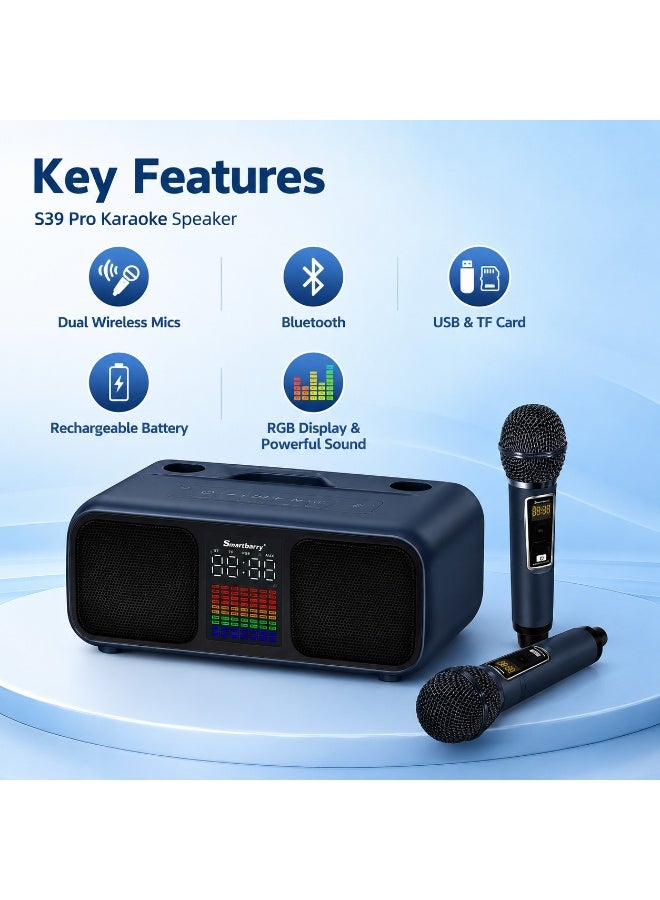 Smartbarry Wireless S39 Pro Karaoke Speaker with 2 Microphones, Portable Bluetooth Speaker with RGB Lights, Deep Bass Audio, USB/TF Support, Rechargeable Home Party Entertainment System - Image 2