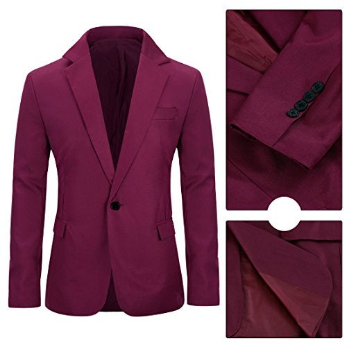YUNCLOS Men's Slim Fit Casual 1 Button Notched Lapel Blazer Jacket Burgundy - Image 3