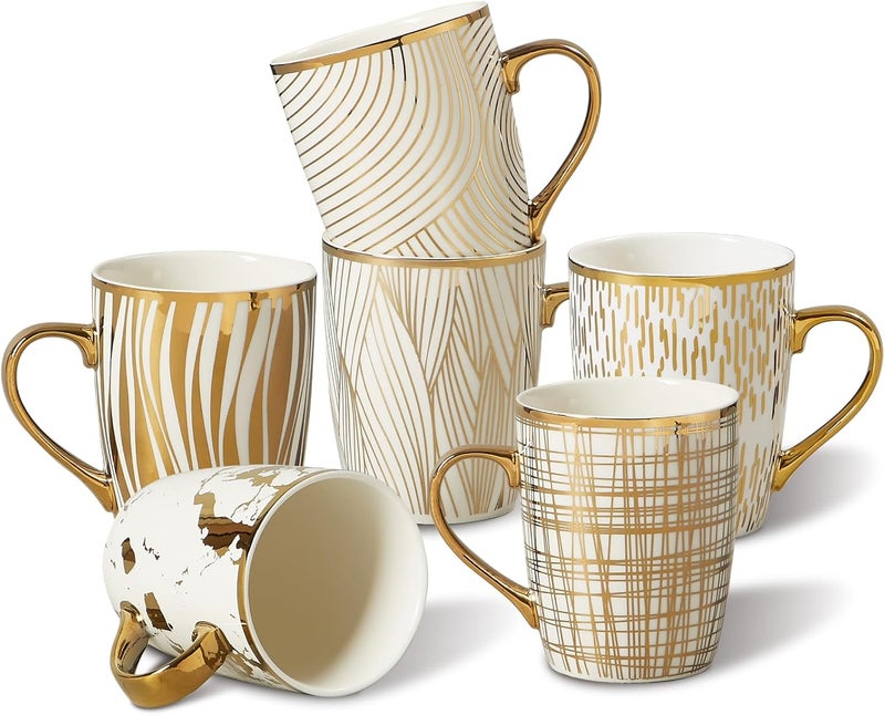 ONEMORE Coffee Mugs 18oz  GoldPlated Ceramic Mugs for Latte Hot Tea Cappuccino Mocha Cocoa  Luxury Gold Trim Mug Set of 6 White  Gold Multicolored - Image 1