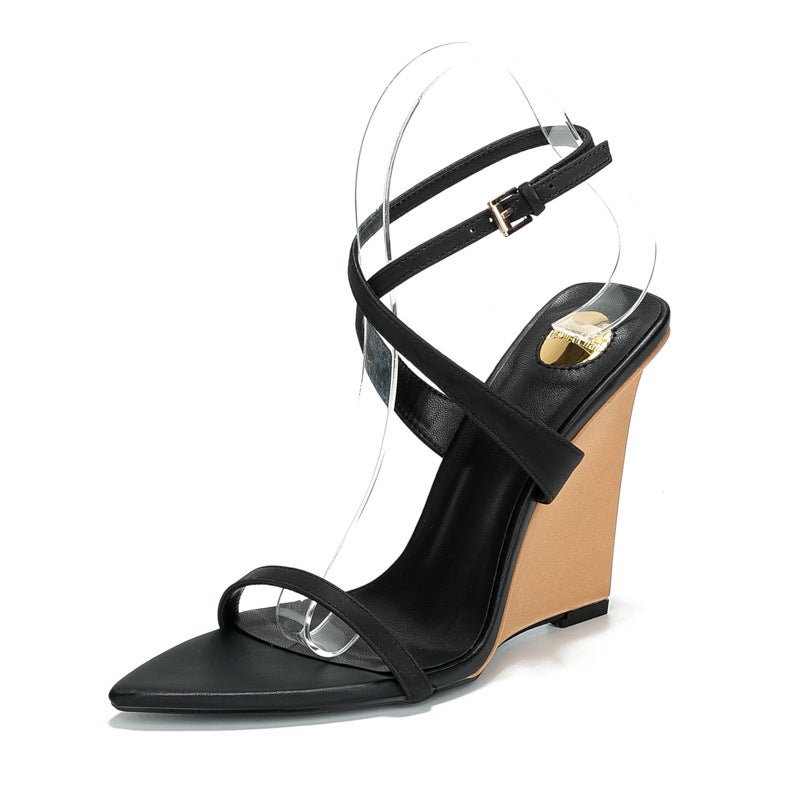 Wedge One-Character Cross Strap Pointed Sandals Fashionable Solid Color Niche High-End Style One-Character Buckle Strap - Image 1