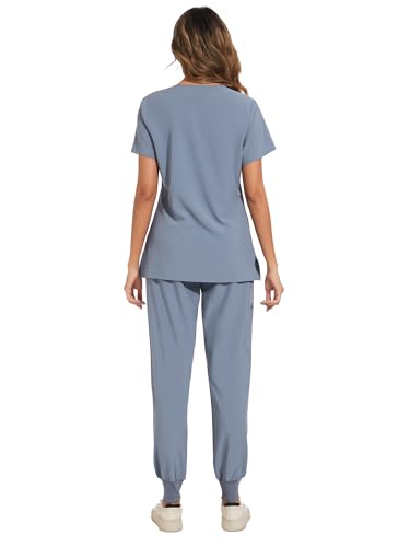 COZYFIT طقم COZYFIT للنساء - بلوزة سكراب بفتحة V وسروال جوجر مع 8 جيوب، حزام يوغا، مضاد للتجاعيد، تصميم نحيف للنساء - رمادي، M - Image 3