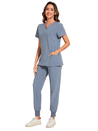 COZYFIT طقم COZYFIT للنساء - بلوزة سكراب بفتحة V وسروال جوجر مع 8 جيوب، حزام يوغا، مضاد للتجاعيد، تصميم نحيف للنساء - رمادي، M - Image 4