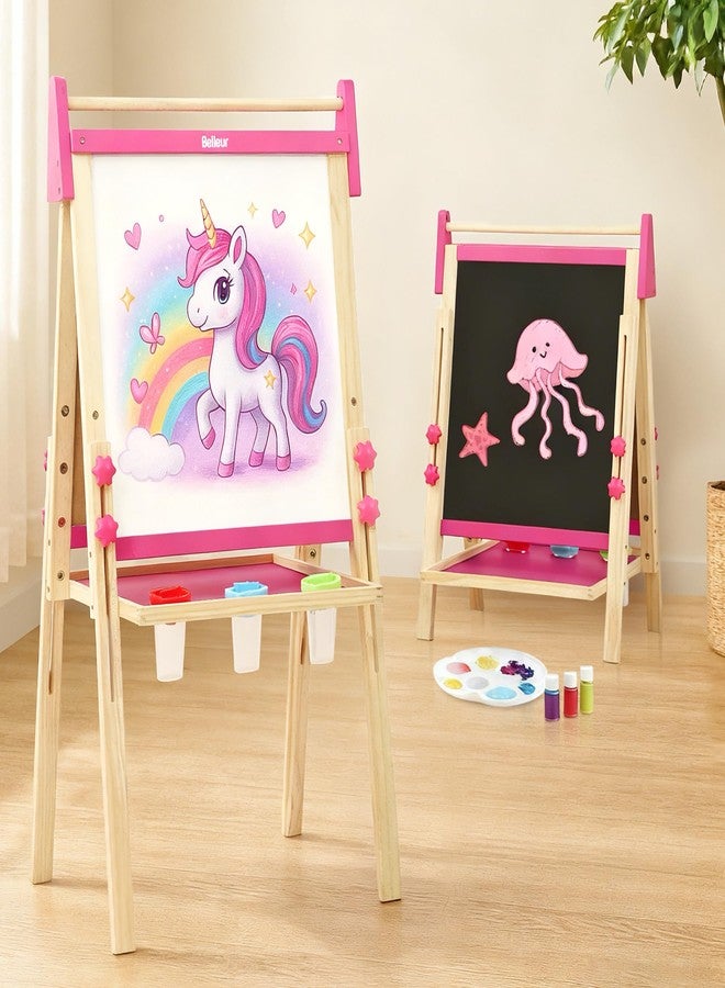 Belleur Wooden Art Easel for Kids 2+, Adjustable Double Sided Easel for Toddlers with Dry-Erase Board & Magnetic Whiteboard & Paper Roll Rod, 28"-40" Height Learning Toys, Gift for Child - Pink - Image 1
