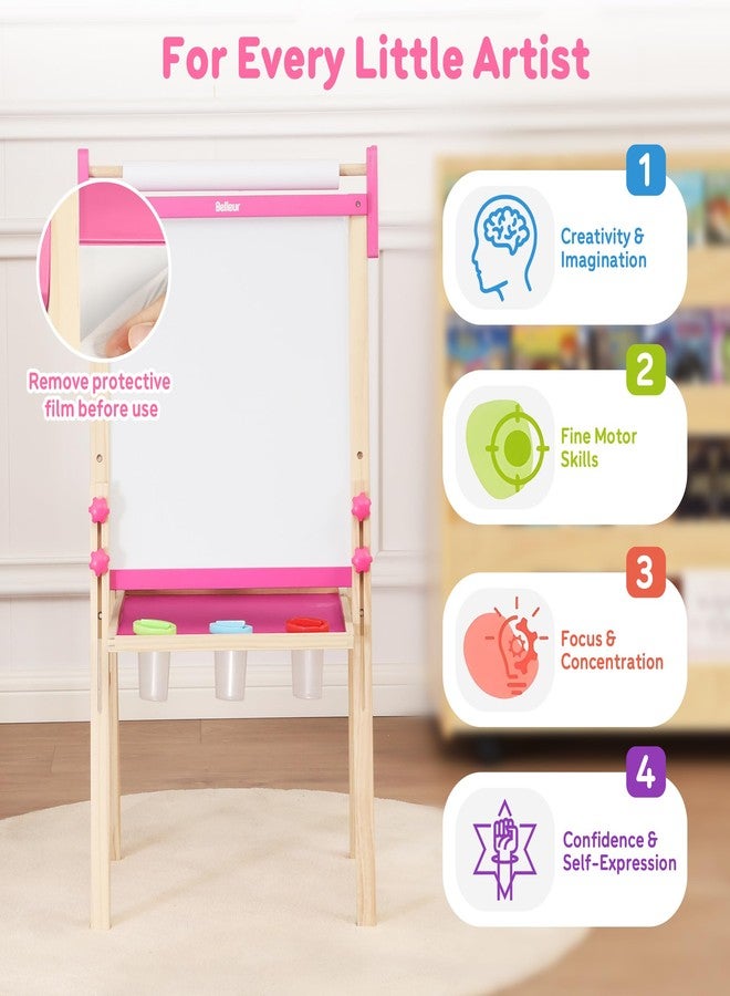 Belleur Wooden Art Easel for Kids 2+, Adjustable Double Sided Easel for Toddlers with Dry-Erase Board & Magnetic Whiteboard & Paper Roll Rod, 28"-40" Height Learning Toys, Gift for Child - Pink - Image 5