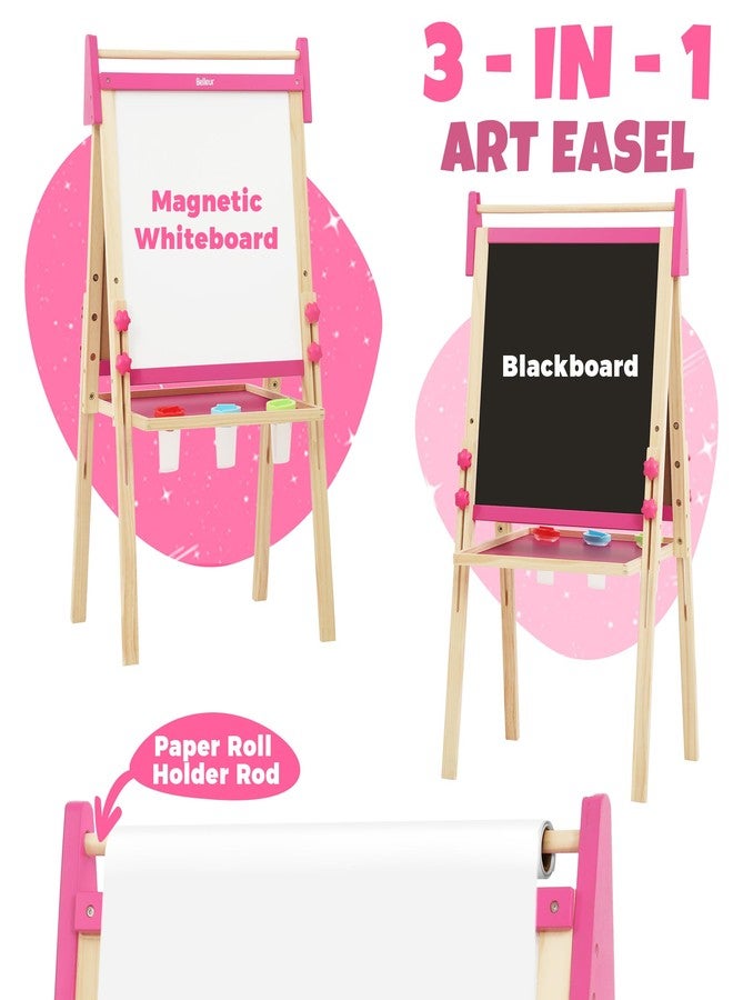 Belleur Wooden Art Easel for Kids 2+, Adjustable Double Sided Easel for Toddlers with Dry-Erase Board & Magnetic Whiteboard & Paper Roll Rod, 28"-40" Height Learning Toys, Gift for Child - Pink - Image 4