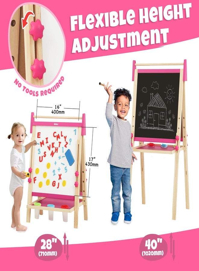 Belleur Wooden Art Easel for Kids 2+, Adjustable Double Sided Easel for Toddlers with Dry-Erase Board & Magnetic Whiteboard & Paper Roll Rod, 28"-40" Height Learning Toys, Gift for Child - Pink - Image 3