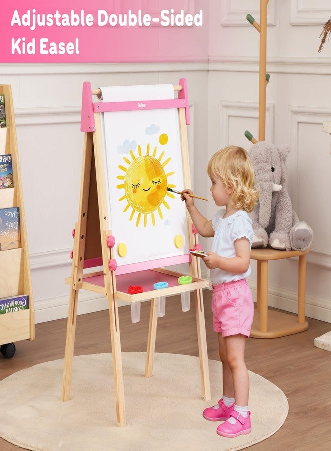 Belleur Wooden Art Easel for Kids 2+, Adjustable Double Sided Easel for Toddlers with Dry-Erase Board & Magnetic Whiteboard & Paper Roll Rod, 28"-40" Height Learning Toys, Gift for Child - Pink - Image 2
